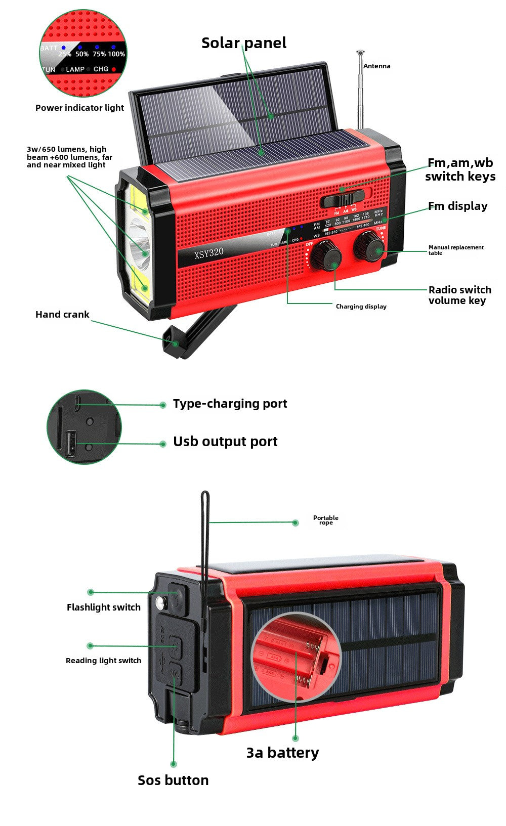 Hot-selling multi-function Emergency Power Bank radio AM/FM/WB hand-cranked power generation solar usb rechargeable AAA battery