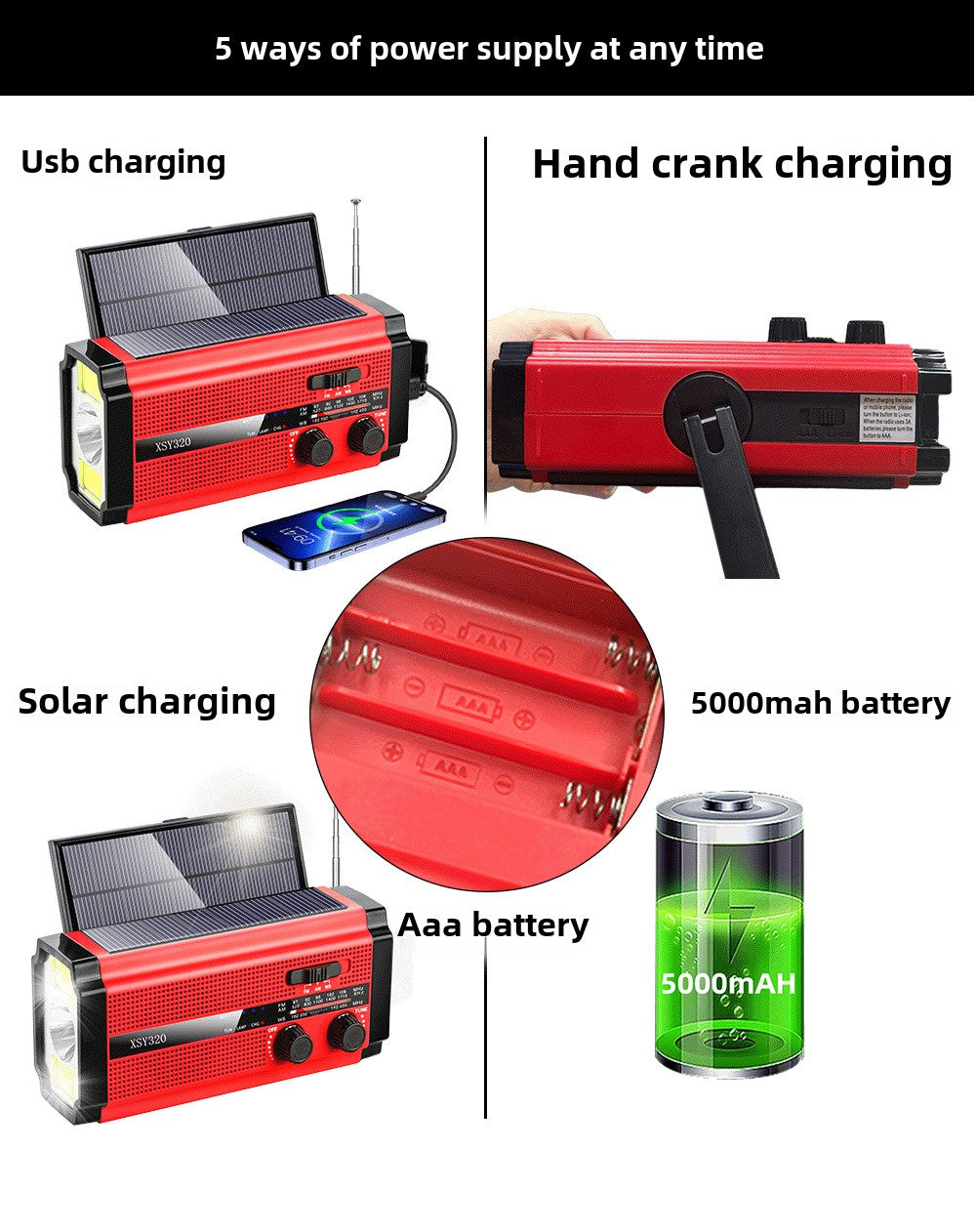 Hot-selling multi-function Emergency Power Bank radio AM/FM/WB hand-cranked power generation solar usb rechargeable AAA battery