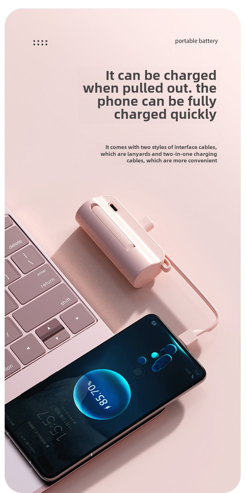 Fast charging 5000mAh power bank mini compact portable with cable mobile power supply support Type-C iPhone